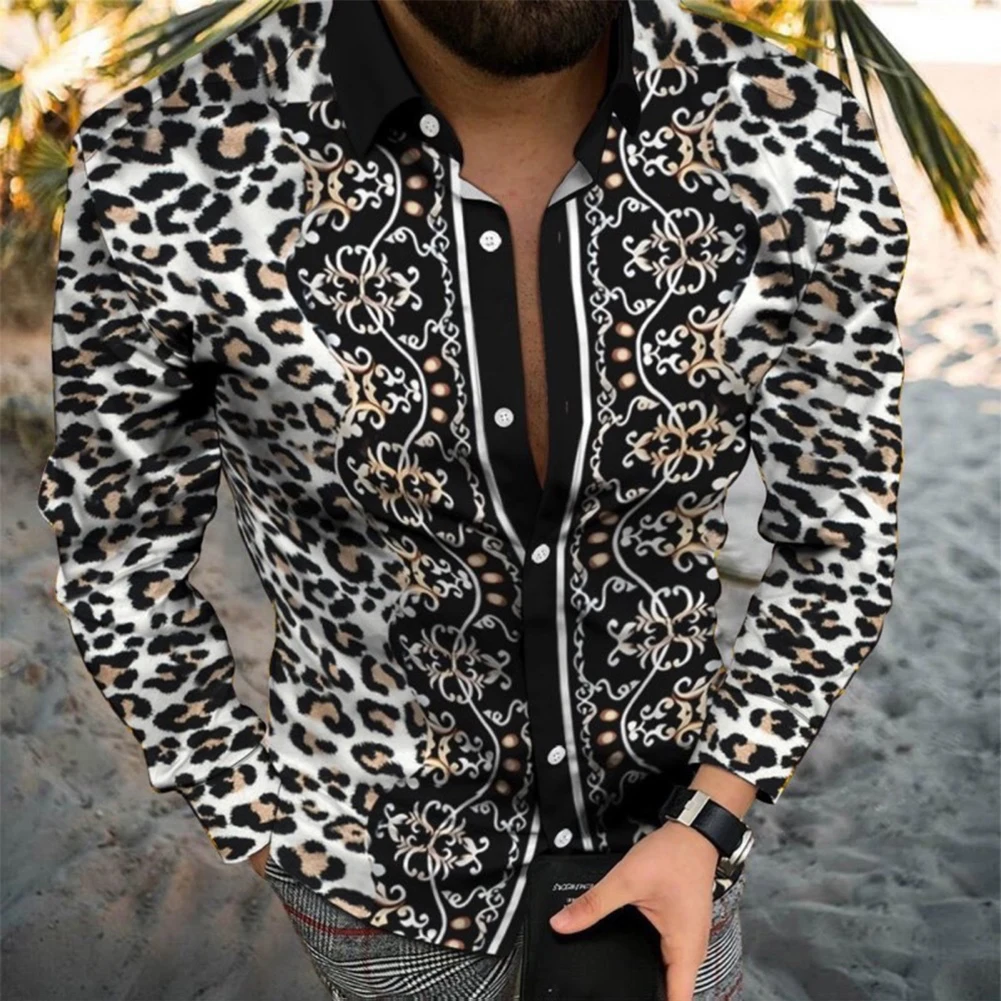 

Men's Casual Baroque Printed Shirt, Long Sleeve Muscle Fitness Shirt, Party Dress, Band Collar Button Down, Hawaiian Style