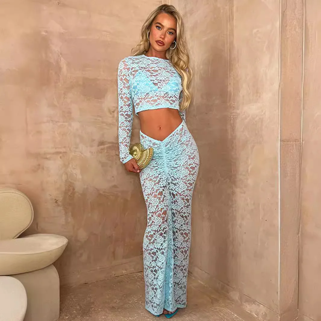 Swimwear Skirt Lace Cover-up 2 Piece Set Women Crop Tops And Long Skirt Bathing Suit Fashion Solid Sexy Beach Cover Up Outfits 1