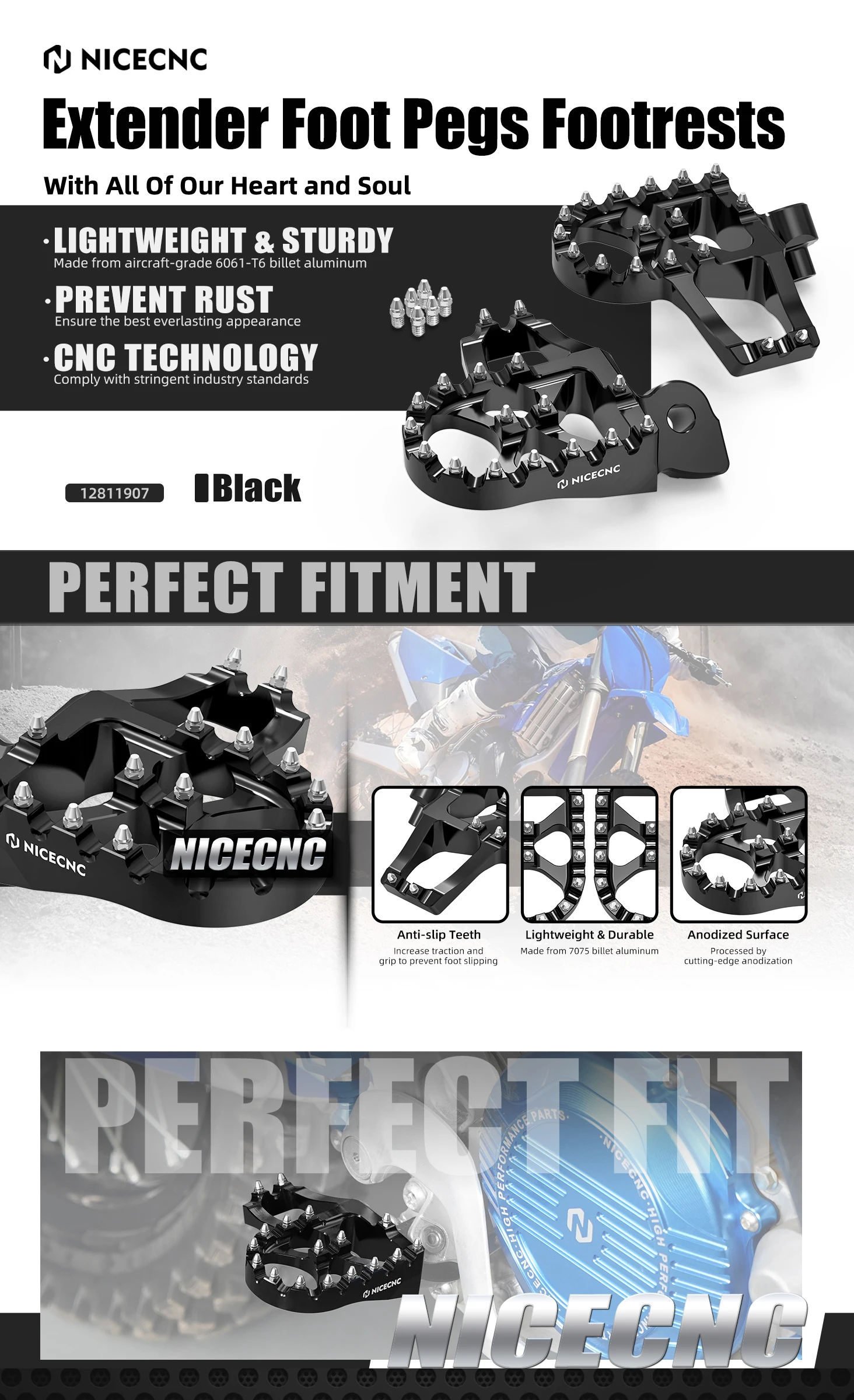 NICECNC Fußrastenverlängerung für Yamaha YZ125 YZ250 1998-2023 YZ250F 2001-2023 YZ450F 2003-2022 YZ 125 250 YZ 250F YZ 450F – Detail 1