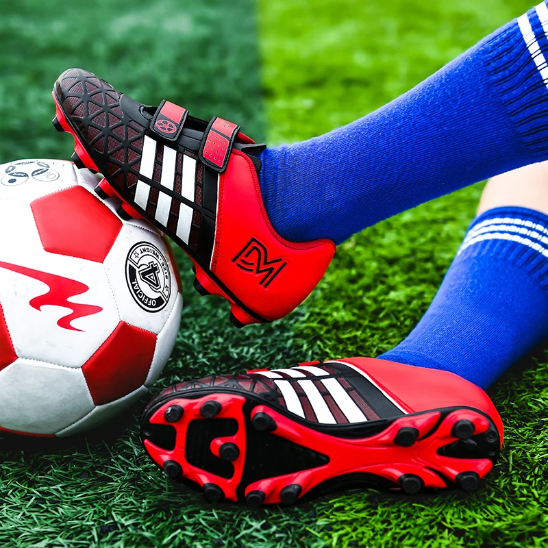 Children's Football Boots Long Spike Hook & Loop Futsal Shoes TF Turf Soccer Shoes Kids Sneakers Size 28-38 football shoes