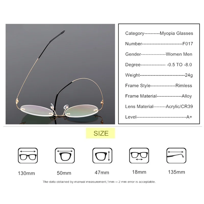 Rimless Prescription Glasses For Myopia -0.5 to -8.0 Men Women Framless Titanium Alloy Blue Light Blocking or Photochromic F017
