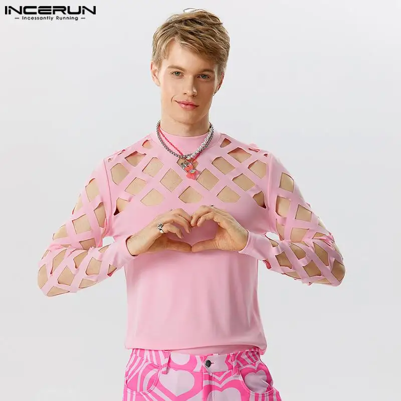 

INCERUN Tops 2023 American Style Men's Fashion Hollowed Design T-shirts Casual Party Hot Sale Solid Long Sleeved Camiseta S-5XL