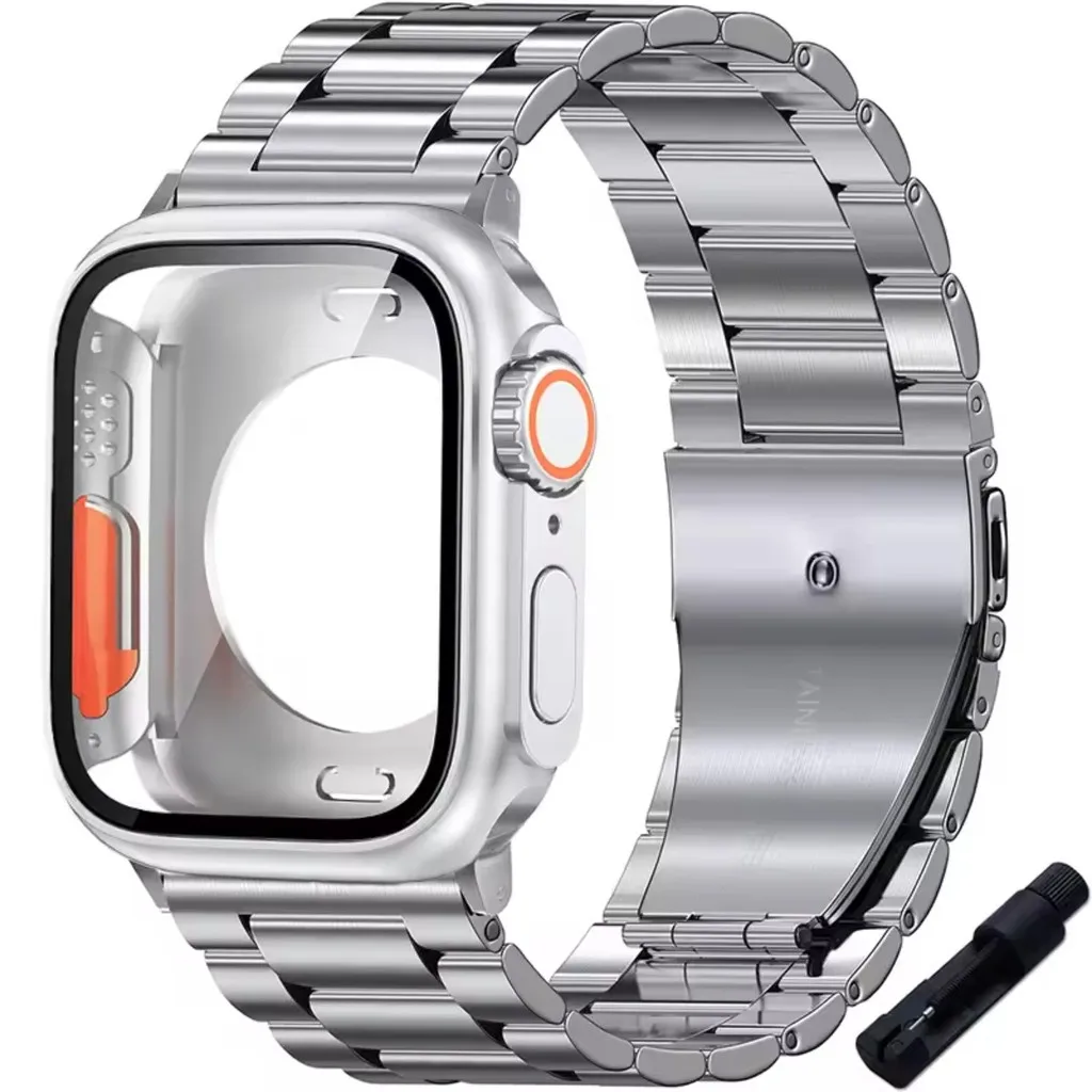 Glass Case+Metal Stainless Steel Strap for Apple Watch S11 S10 42mm 46mm 45mm 44mm 41mm 40mm iWatch Series 11 10 9 8 7 6 5 4 se