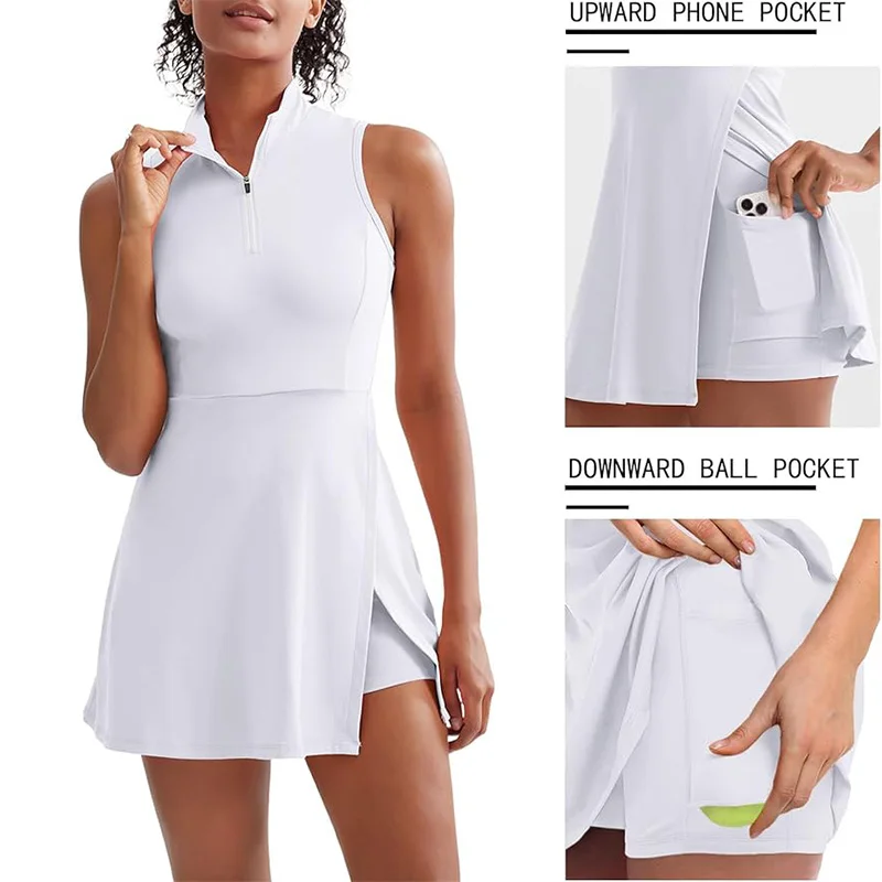 Summer Solstice Women's Tennis Dress,Fashion 2-in-1 Tennis Golf Sports Dress,Polo Collar Design Women's Fitness Dress sleeveless