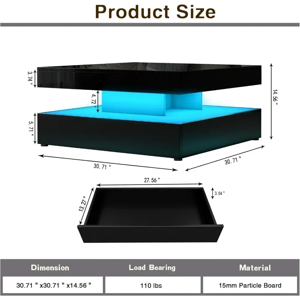 LED Coffee Table with Storage, High Glossy Modern White Center Table with 2 Drawers, Square Wooden Middle Table with 16-Color 5