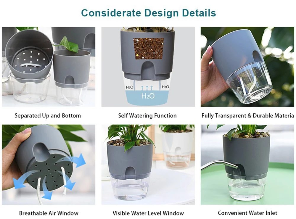 Flower Pot Transparent Double Layer Plastic Self Watering Flowerpot Cotton Rope Watering with Injection Port