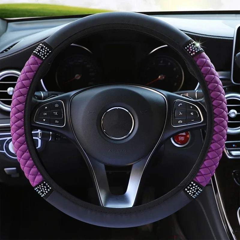 Universal Car Steering Wheel Cover 37-38cm Leather Embroidered Color Diamond-Studded Elastic Four Seasons Steering Wheel Cover - Image 4