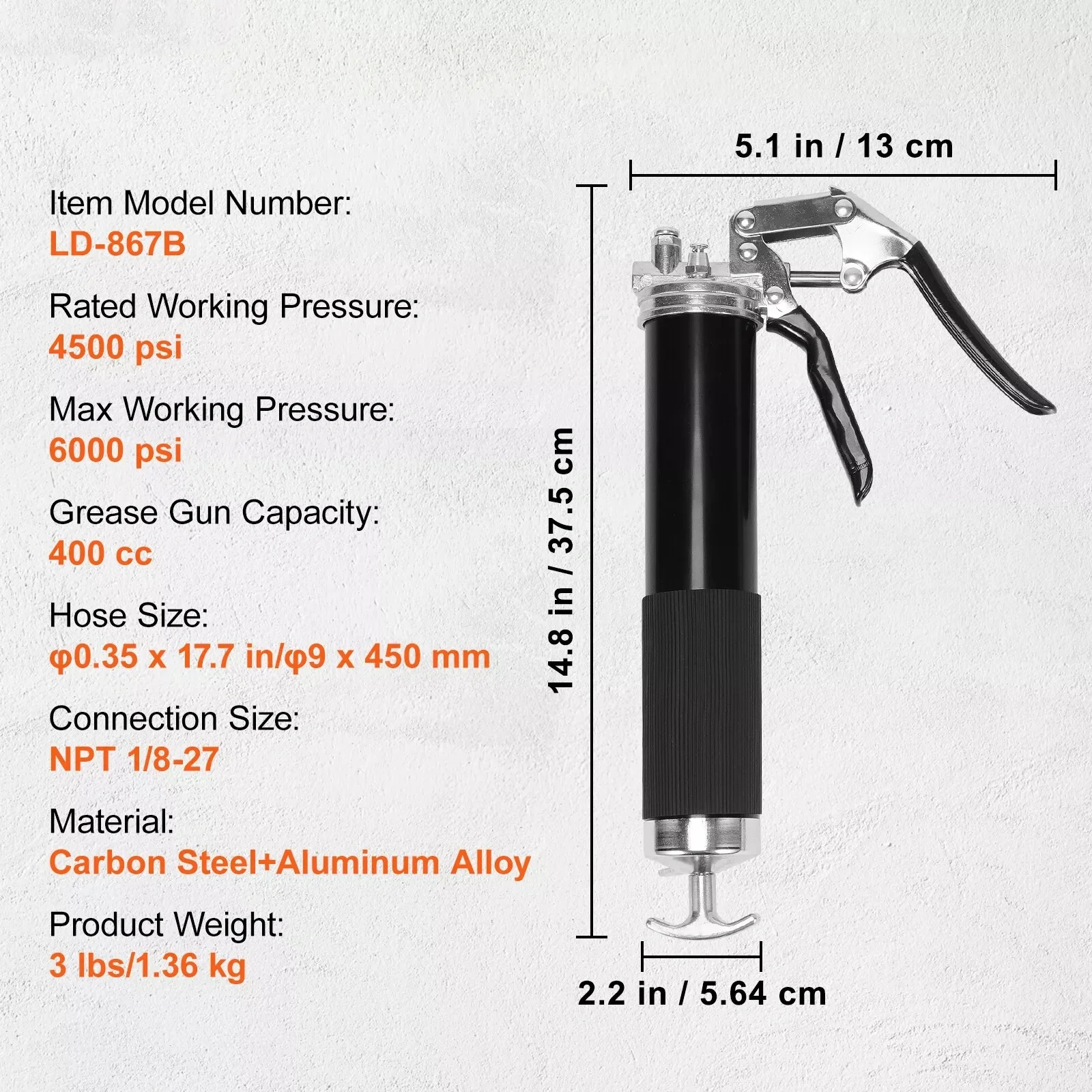 Grease Gun Pistol Grip 6000PSI 140z Heavy Duty Manual Grease Gun Flex Hose