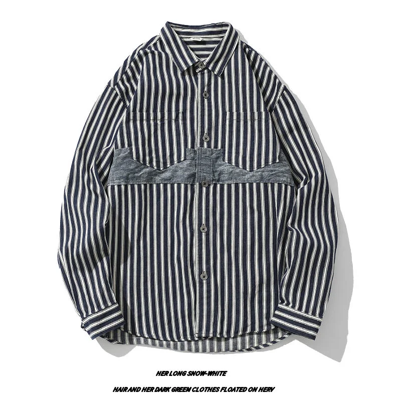 

Splicing Retro Striped Shirts Men's Casual Wild Fashion Oversize Overalls Long Sleeve Lapel Tops Male Clothes Spring And Autumn