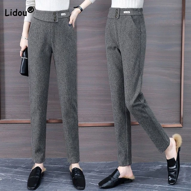 Office Lady High Waist Solid Harem Pants Autumn Winter Fashion Pockets  Thick Button Spliced Pencil Trousers