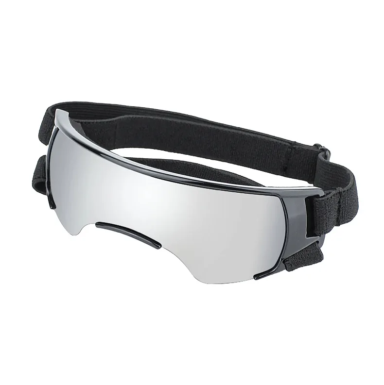 Dogs wearing adjustable windproof pet sunglasses with silver mirror, black, pink, gold, and mint green frames showing elastic head and chin straps