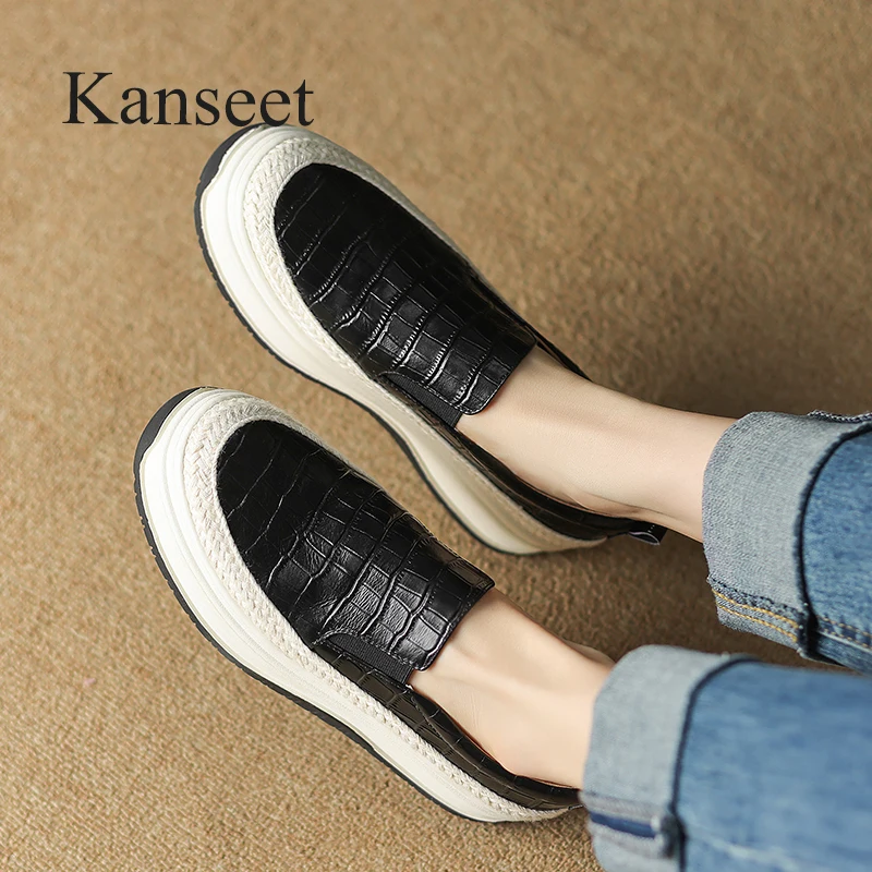

Kanseet High Quality Black Genuine Leather Platform Shoes For Women 2024 Spring Round Toe Causal Thick Mid Heels Lady Footwear