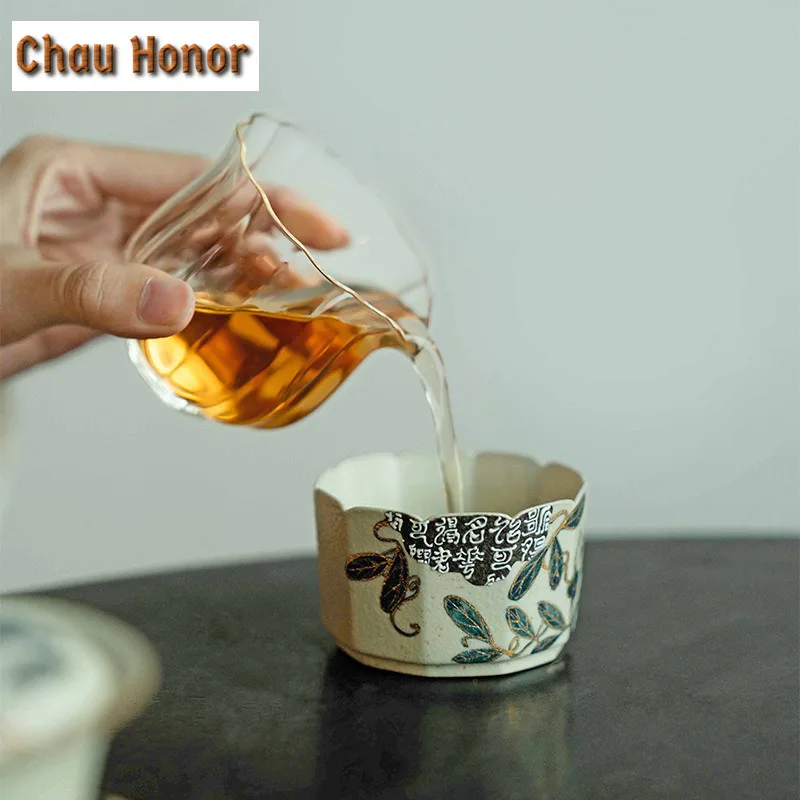 100ML Blue And White Flint Red Teacup Handmade Gold Drawing Branch Lotus Tea Bowl Cup Tea Smelling Cup Coffee Mug Tea Ceremony