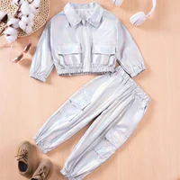 Spring and Autumn Unisex Suit Dazzle Children's Clothing Cool Silver Two Piece Zip Jacket Top + Trousers Trendy and Cool 1