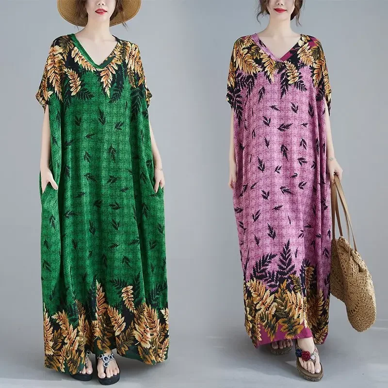 

Folk Vintage Printed Dresses Casual V-Neck Female Clothing Beach Style Loose Stylish Batwing Sleeve Straight Long Dress CY424