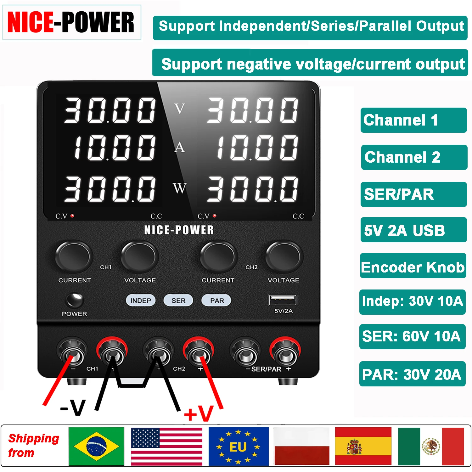 NICE-POWER 30V 10A Alimentation de laboratoire CC double canal, source d'alimentation de banc double 60V 120V 240V, sortie de tension positive et négative