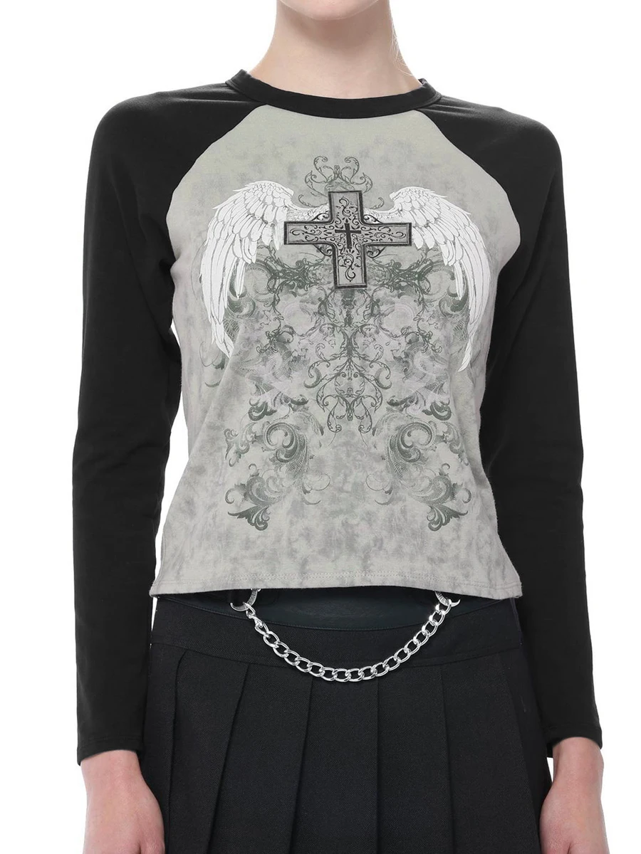 

Combhasaki Women's Y2K Retro Slim Gothic Tops Harajiku Gothic Cross Wing Print Long Sleeve Round-Neck Grunge Streetwear T-shirt