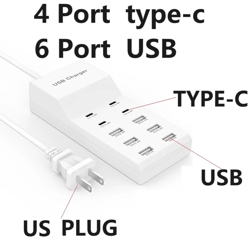 

Зарядное устройство с 10 USB-портами и разъемами USB type-c