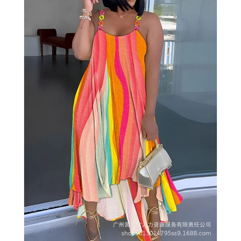 

Colorful Chain Strap Asymmetrical Casual Dress for Women 2023 Y2K INS Clothes Sleeveless Irregular Bohemian Vacation Dress
