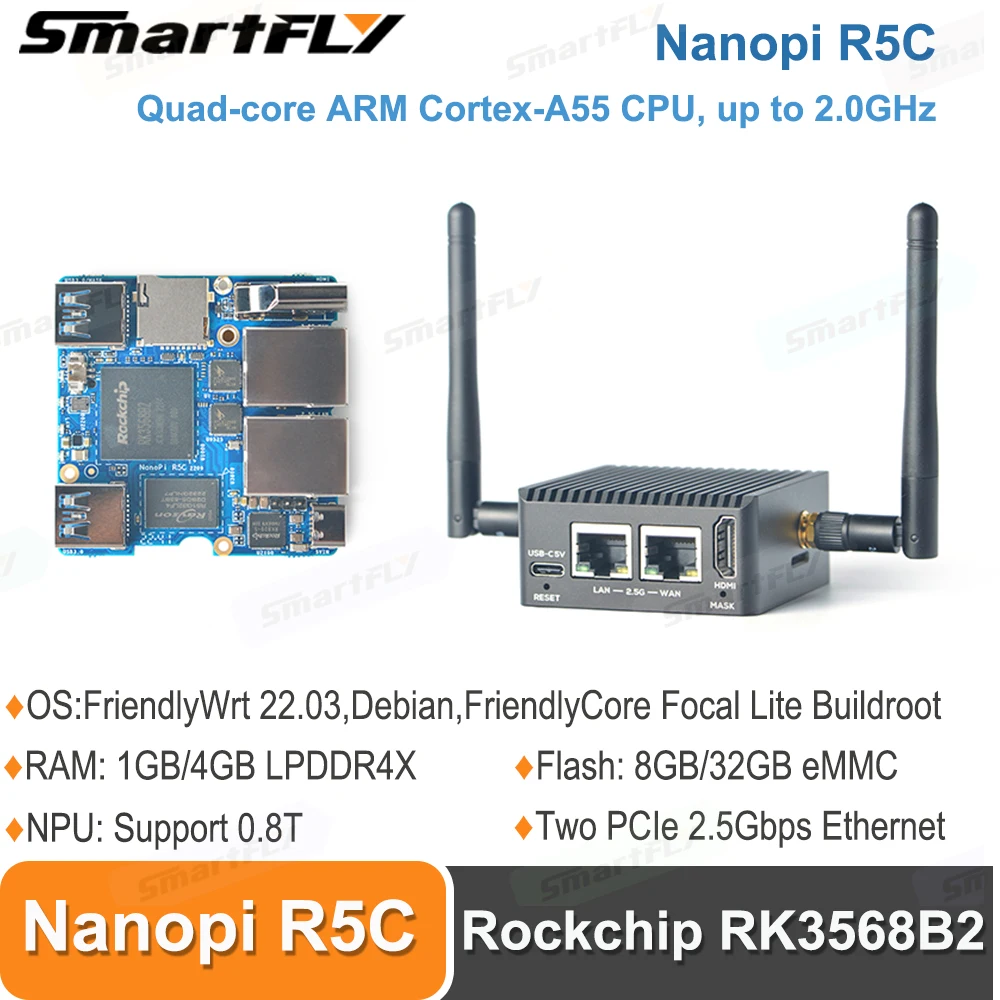 Smartfly Nanopi R5c Openwrt Rockchip Rk3568b2 Dupla 2.5g Ethernet Porto com M.2 Wifi Módulo 4gb Lpddr4x Apoio Friendlywrt