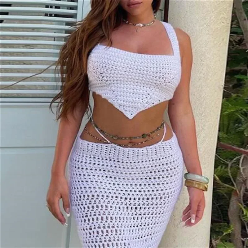 

Two Piece Sets Summer Crop Top Maxi Skirt 2pcs Set Women High Street Elegant Party Outfit Sexy Knit Backless Tops Bodycon Skirt