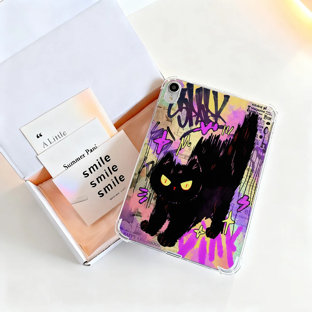 Transparent Tablet Case with Black Graffiti Cats Design