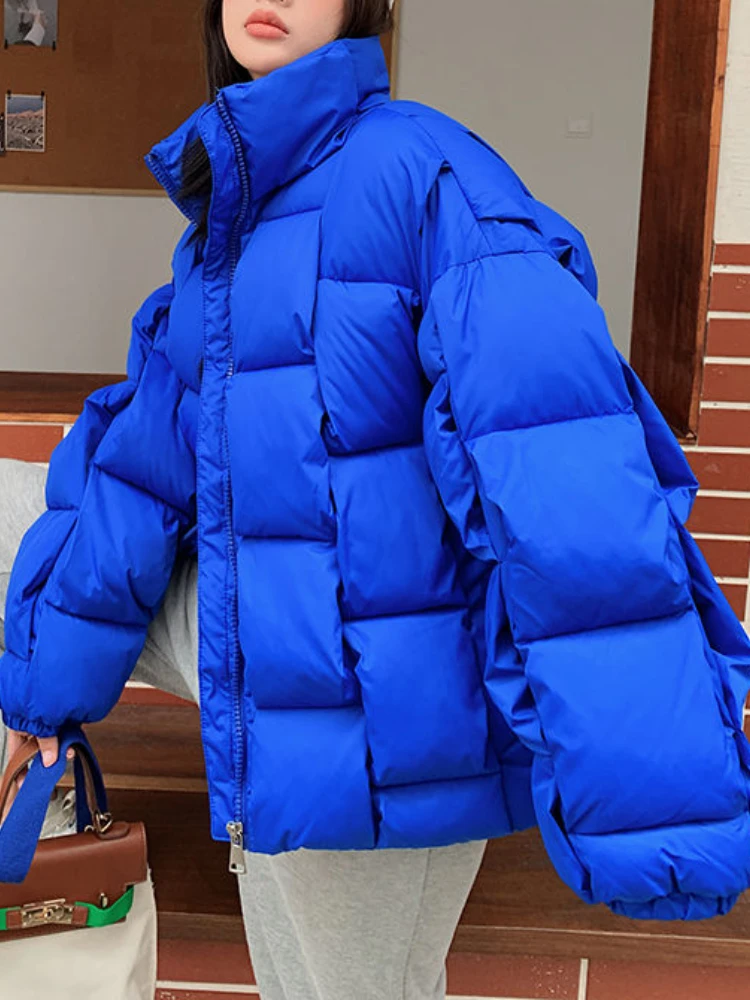 Winter Jacket for Women Three-dimensional Plaid Woven Fashion Coat Solid High Street Warm and Thick 2023 Winter New Down Jacket 5