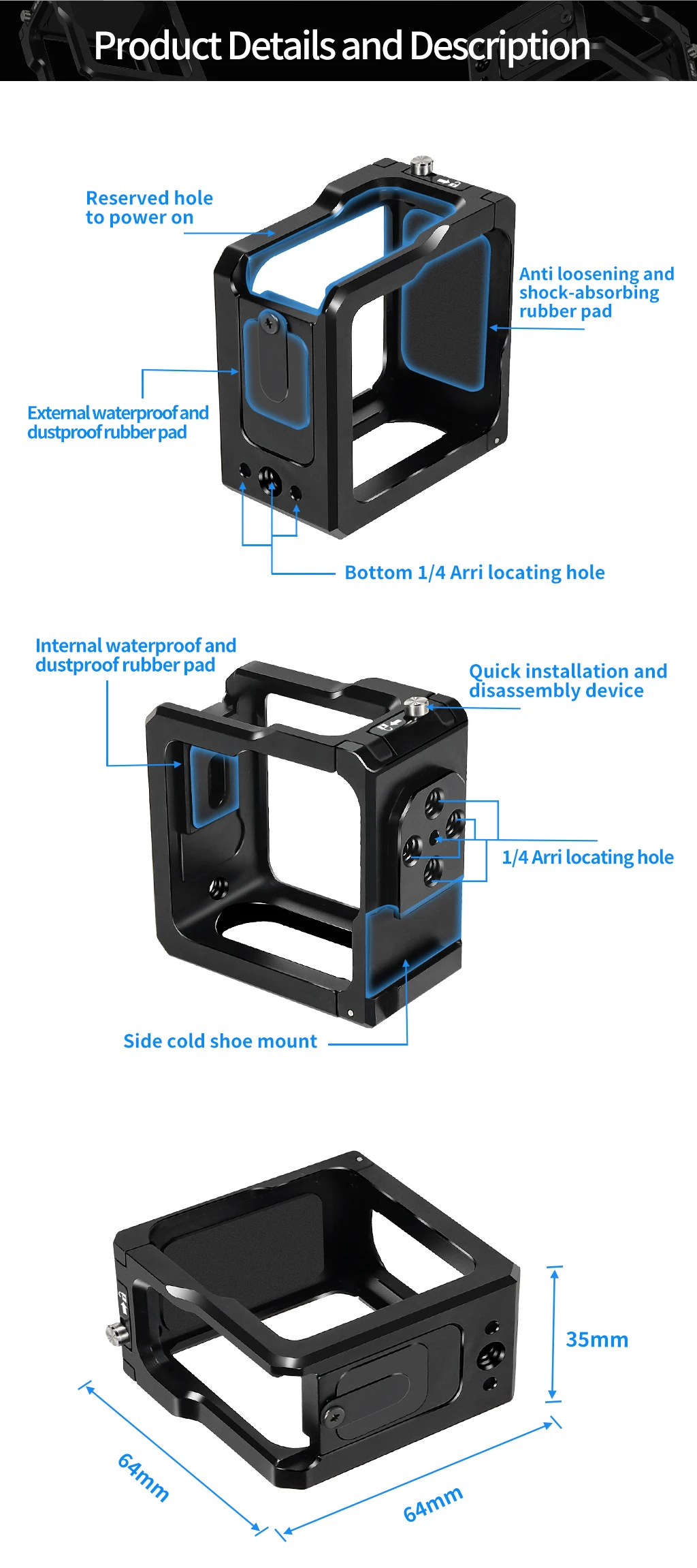 Camera Cage Rig Protective Frame Metal Case for HERO 11 Black Mini Side Door Ba