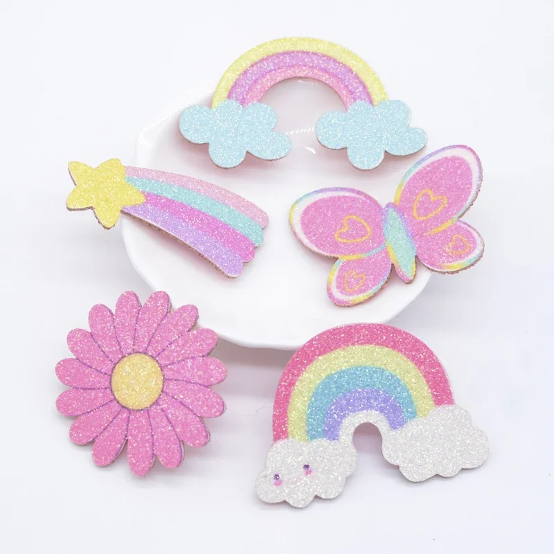 10 Pezzi Glitter Print Appliques Meteor Flower Rainbow Butterfly Per Artigianato Fai Da Te Cake Topper Copricapo Fermagli Per Capelli Bow Decor Patch