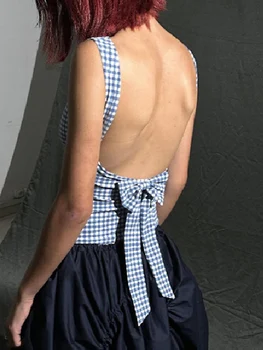 Women Cropped Tank Tops Plaid Print Summer Bow Backless Basic Vest Sleeveless Shirt Aesthetic Clothes for Streetwear 4