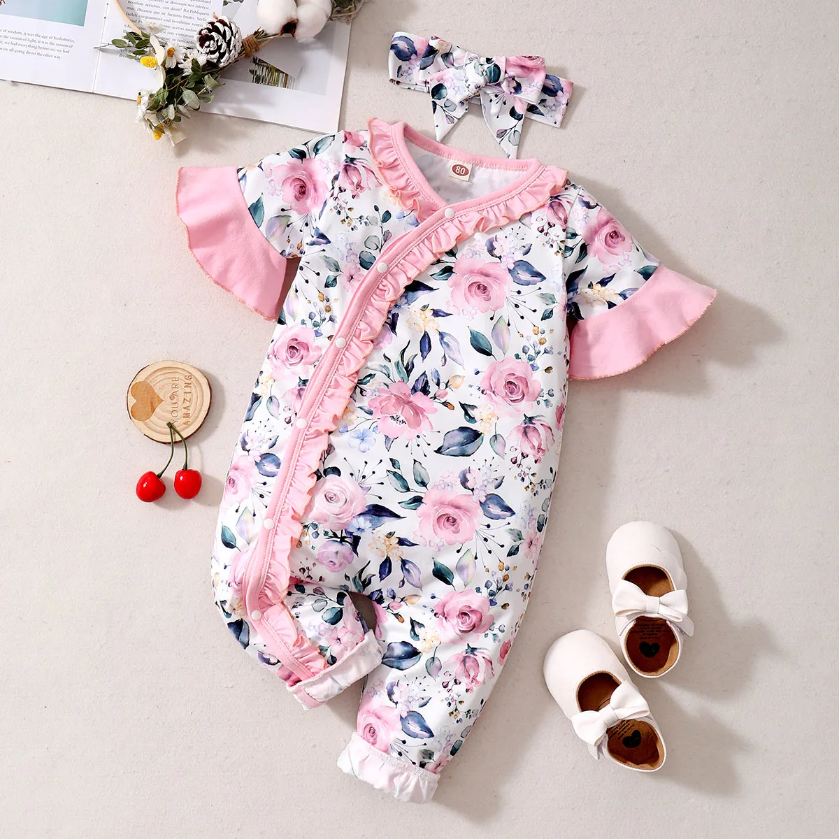 Newborn Baby Girl Bodysuit Summer Romper Floral Print Pink Short Sleeve Onesie with Headband