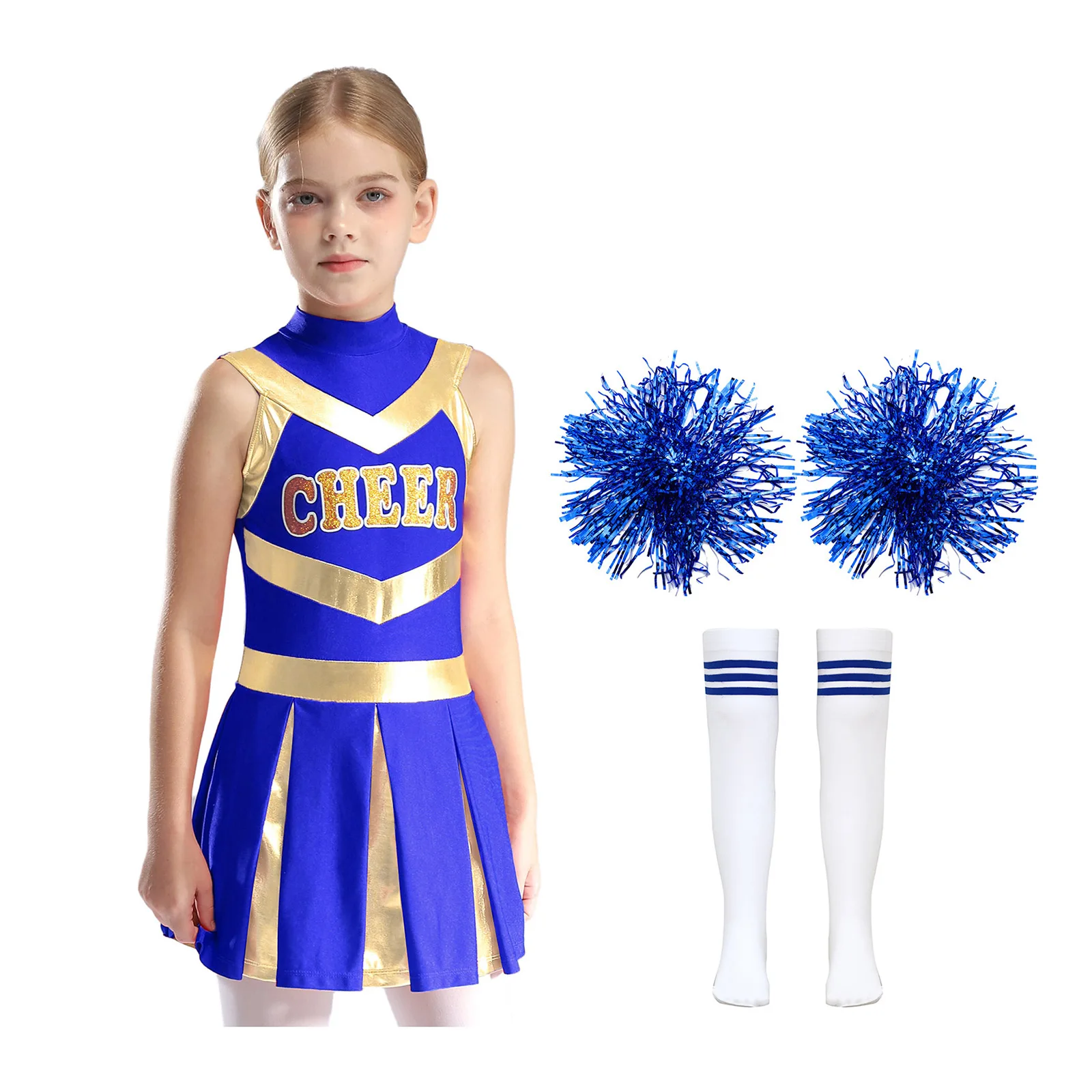 Kinder Mädchen Cheerleader Kostüm Cheerleading Uniform Brief Drucken Plissee Cheer Trikot Kleid mit 2 Stück Blumenkugeln 1 Paar Socken – Detail 7