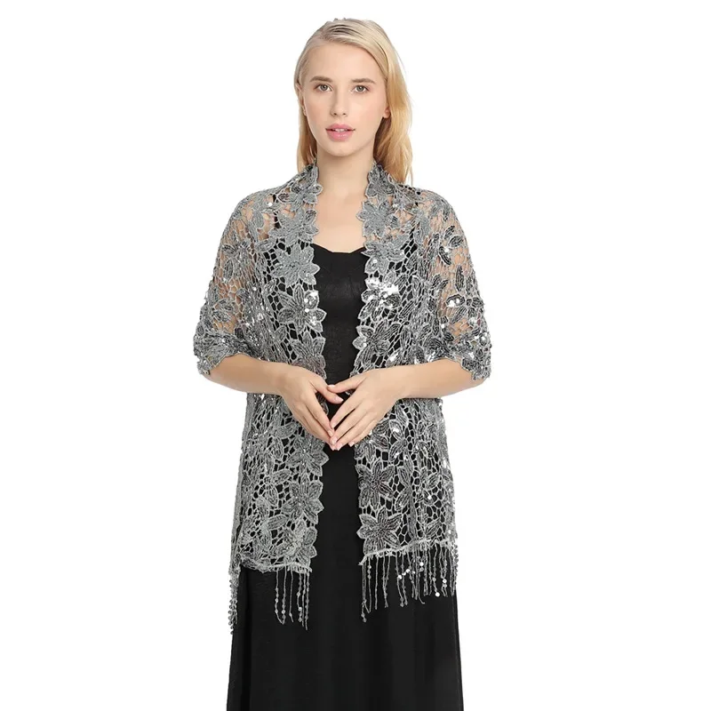 

Spring Autumn New Sequin Tassel Shawl Cape European American Dinner Party Cheongsam Shawl High-end Shawl Woman Cloak Silver