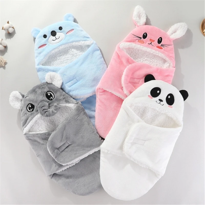 Soft Flannel Winter Warm Baby Swaddle Blanket Thicken Plush Lining Hooded Blanket for 0-6 Months Newborn Envelope Cocoon Blanket 2