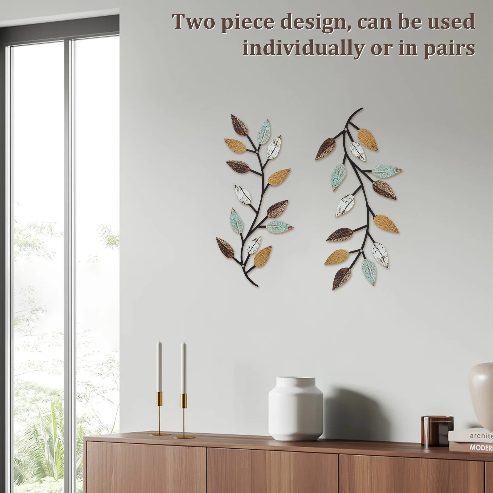 2PCS Metal Tree Leaf Wall Decor Decorative Vine Olive Branch Leaf Wall Art Elegant Wrought Iron Scroll for Living Room Bedroom