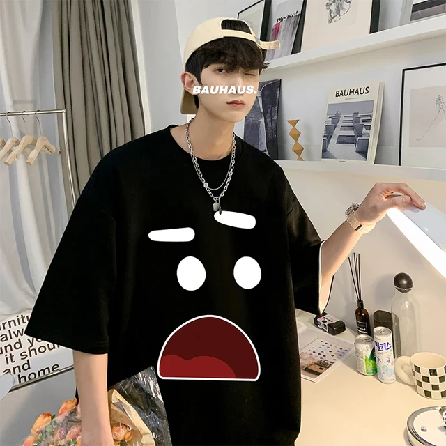 Korean Men's Polyester Oversized T-shirts  Mens T Shirt Casual Summer Wear Emote Fashion Print White Tee Shirts for Men Clothing 2