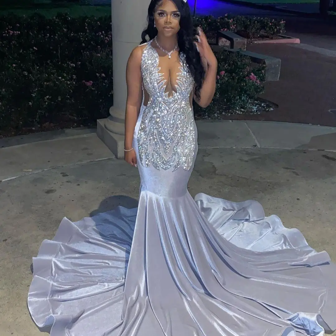 

FATAPAESE Sliver Prom Dress Gitter Sparkly Mermaid With Diamond Beads Gown Satin Train Sexy Backless Evening Dresses Ruffle