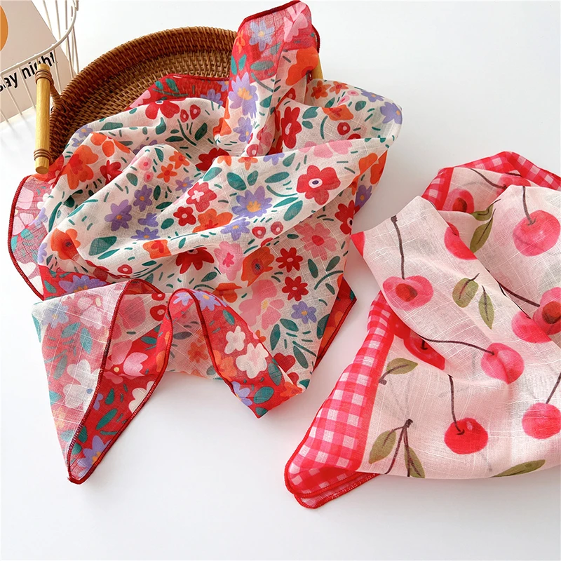 Cotton Linen Shawl Square Scarf Women Floral Print Hijabs Ladies Bandanas Wraps Sunscreen Head Scarf Wraps Scarves Neckerchief 2