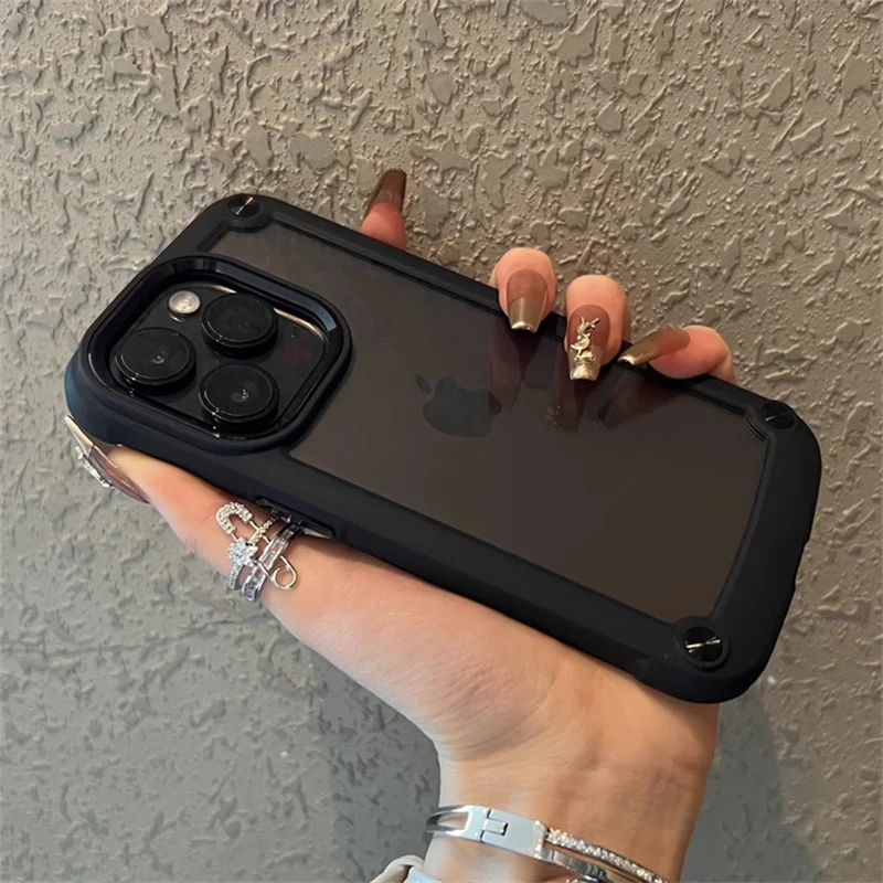 Shockproof Armor Clear Phone Case with Transparent Acrylic and Metal Button Hard Bumper Cover