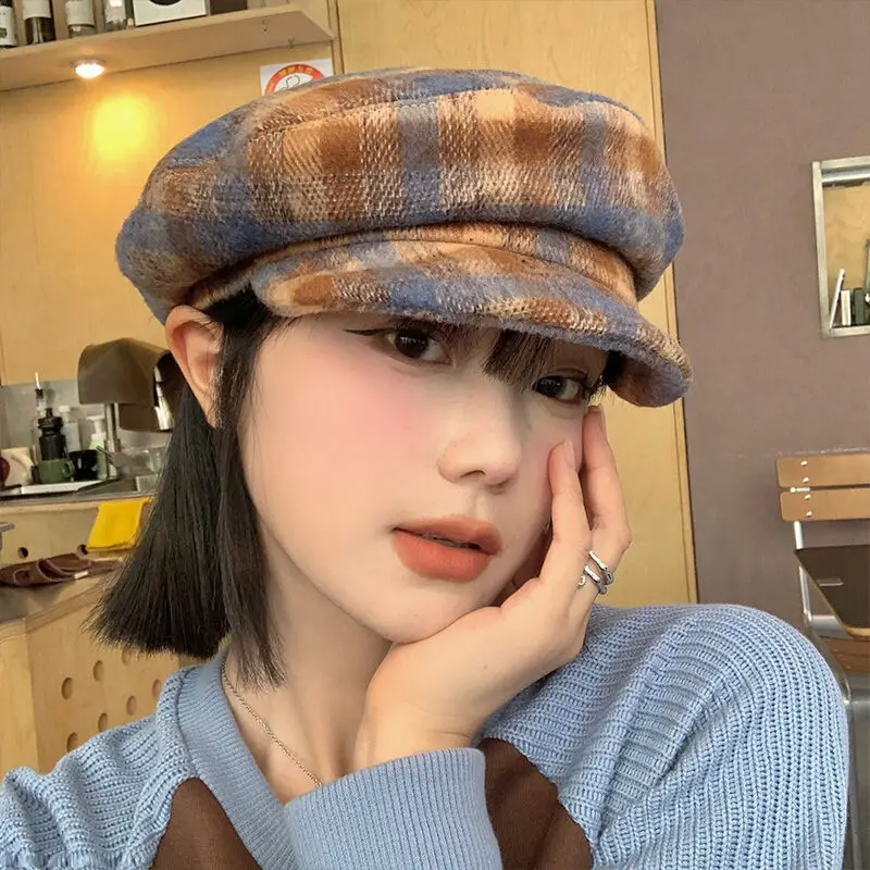 

2023 Elegant Women Plaid Duck Tongue Beret Simple Casual Octagonal Cap Autumn and Winter Joker Painter Hat