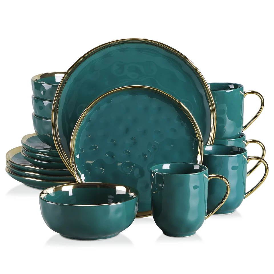 Elegant Green Porcelain Dinnerware Set with Gold Trim