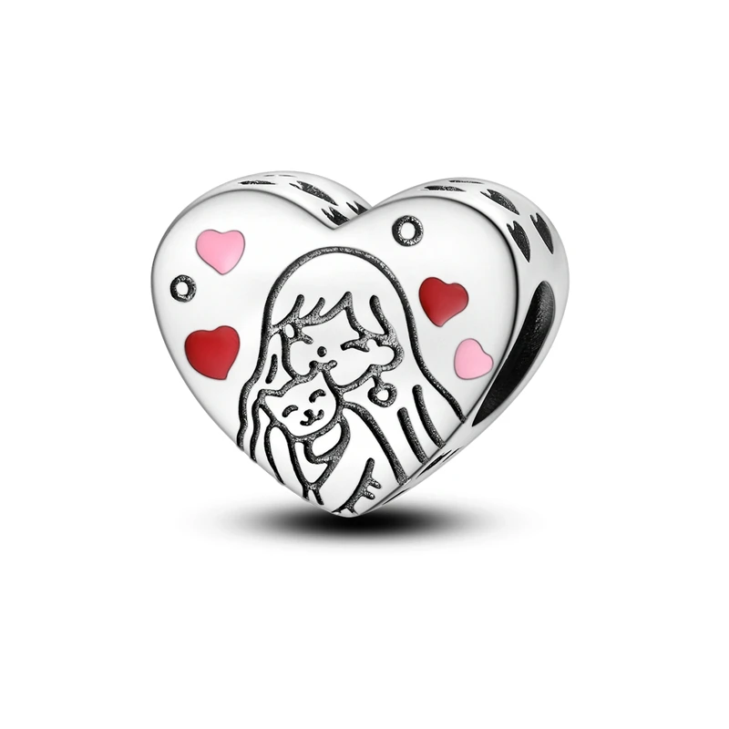 

Warm 925 Sterling Silver Girl Holding Cat Red Heart Charm Fit Pandora Bracelet Women's Pet Party Jewelry Accessories