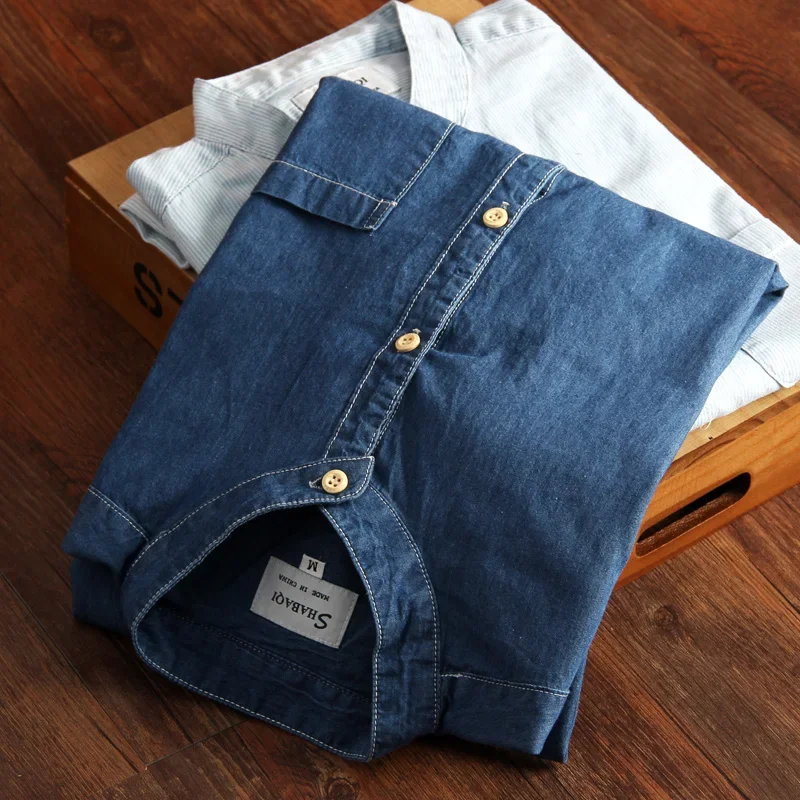 Schinteon Men Long Sleeved Denim Shirt Pure Cotton O-Neck Stand Collar Slim Slight Elastic Jeans Simple Solid Color Top