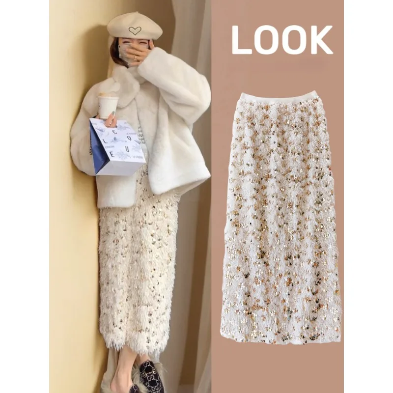 

Elegant Split Sequin Feather Wrap Long Skirts for Women High Waist Patchwork A-line Skirt Korean Style Falda Lentejuelas Mujer