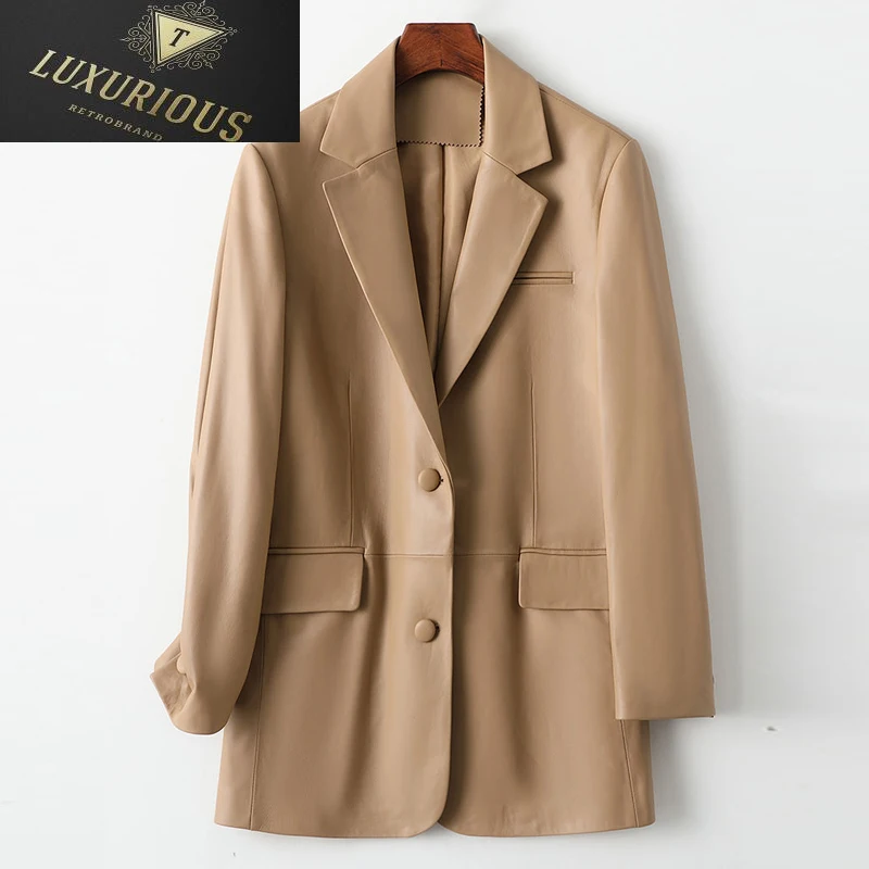 

Lambskin Leather Jacket Women Blazer Coats 2023 Fashion Office Ladies Single-breasted Pockets Real Sheepskin Jackets