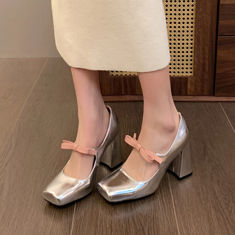 NEW Bow High Heels Shoes Women Square Toe Lolita Shoes 2024 Designer Spring Summer Sandals Chunky Female Zapatillas Pumps