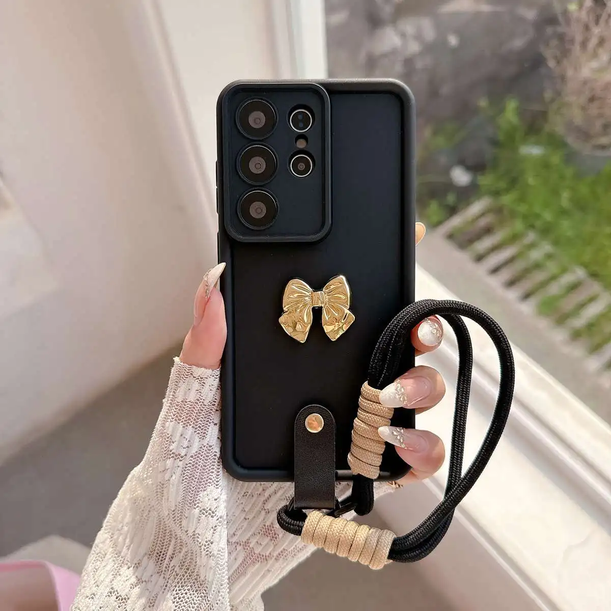 Elegant 3D Golden Bow Strap Lanyard Phone Case