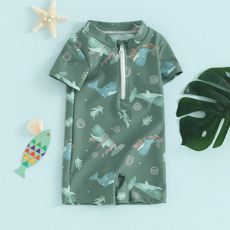 Cartoon Baby Boys Swimwear Beach Wear Cute Marine Life Print Short Sleeve Swimsuits Front Zipper Bathing Suits For Kids Infant