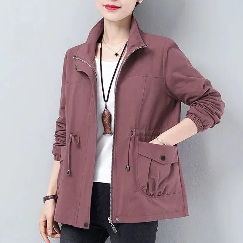 Double Layer Women Plus Size Spring Autumn Korean Plus Size Lining Windbreaker Drawstring Waist Stand Collar Jacket Coat Women