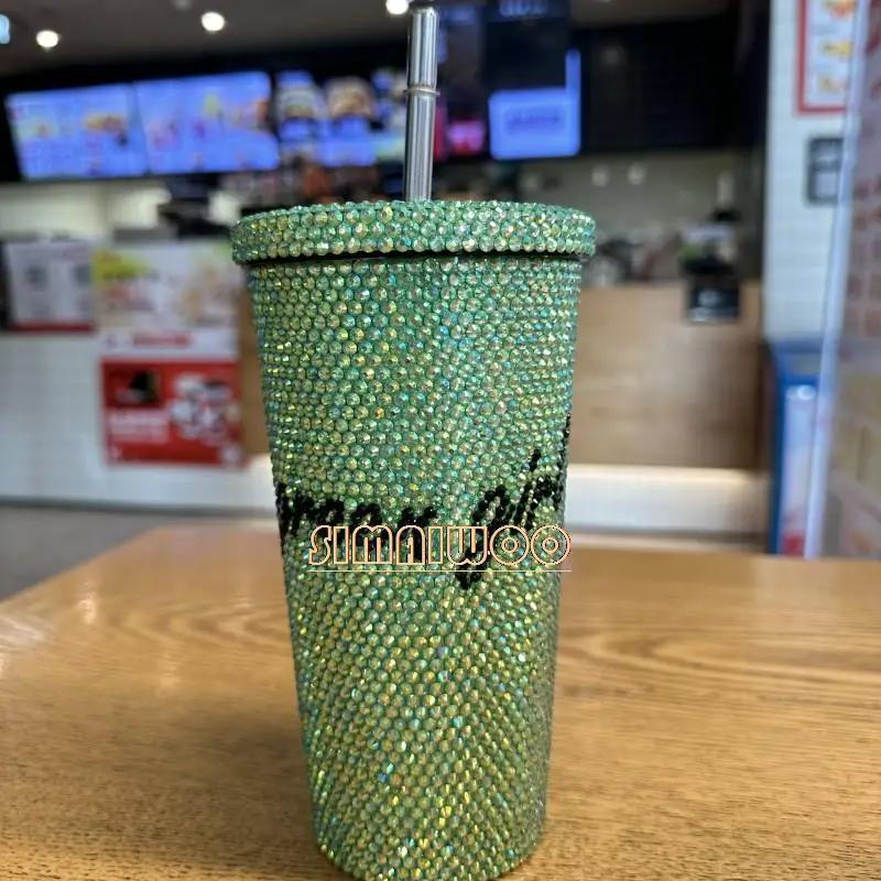 Kristall Bling Bling Stroh Tasse DIY individuelle Worte grün Edelstahl Vakuum Diamant Malerei Strass Mädchen Geburtstagsgeschenk – Detail 4